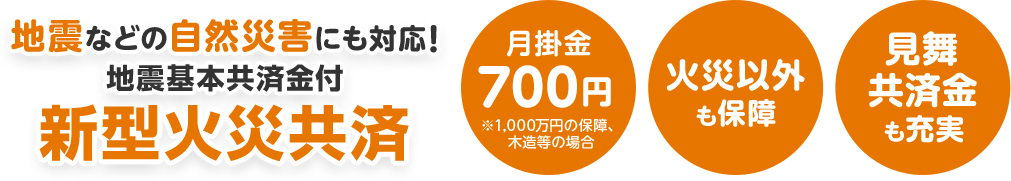 月掛金700円 ※1,000万円の保障、木造等の場合/火災以外も保障/見舞共済金も充実