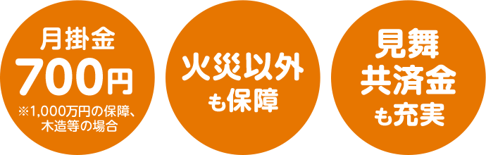 月掛金700円 ※1,000万円の保障、木造等の場合/火災以外も保障/見舞共済金も充実