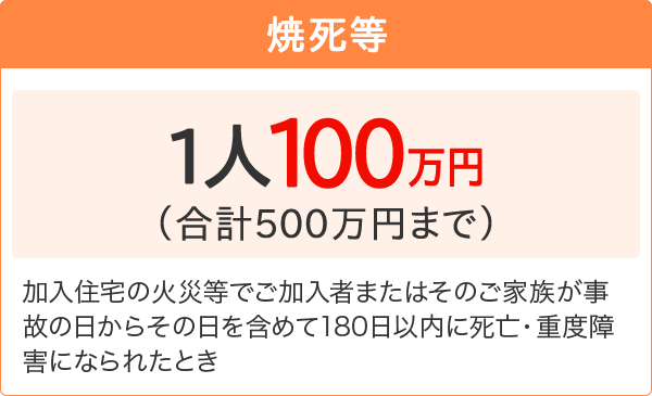 【焼死等】[1人100万円 （合計500万円まで）]加入住宅の火災等でご加入者またはそのご家族が事故の日からその日を含めて180日以内に死亡・重度障害になられたとき