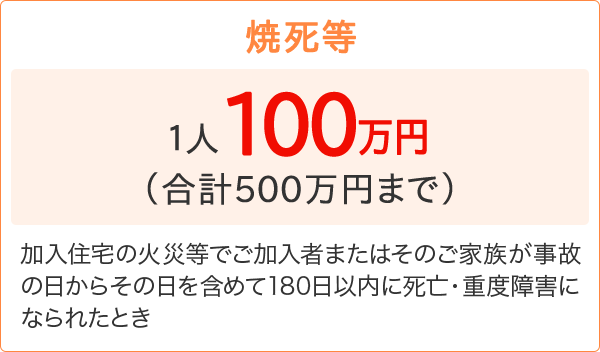 【焼死等】［1人100万円（合計500万円まで）］加入住宅の火災等でご加入者またはそのご家族が事故の日からその日を含めて180日以内に死亡・重度障害になられたとき