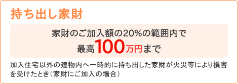 【持ち出し家財】[家財のご加入額の20%の範囲内で最高100万円まで]加入住宅以外の建物内へ一時的に持ち出した家財が火災等により損害を受けたとき（家財にご加入の場合）
