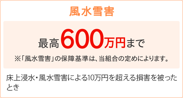 【風水雪害】［最高600万円まで ※「風水雪害」の保障基準は、当組合の定めによります。］床上浸水・風水雪害による10万円を超える損害を被ったとき