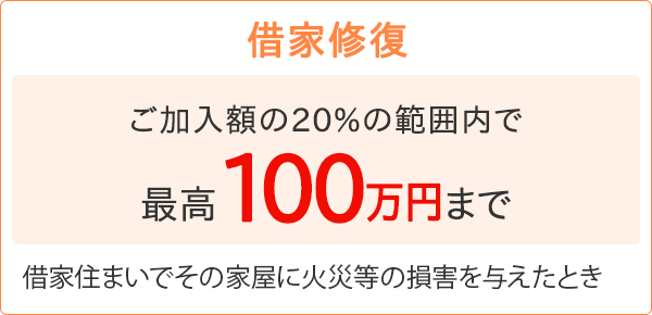 【借家修復】［ご加入額の20%の範囲内で最高100万円まで］借家住まいでその家屋に火災等の損害を与えたとき