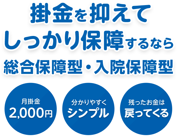 掛金を抑えてしっかり保障するなら 総合保障型・ 入院保障型 月掛金2,000円/分かりやすくシンプル/残ったお金は戻ってくる