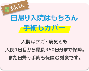 日帰り入院はもちろん手術もカバー　入院はケガ・病気とも入院1日目から最長360日分まで保障。また日帰り手術も保障の対象です。