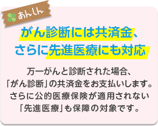 万一がんと診断された場合、「がん診断」の共済金をお支払いします。さらに公的医療保険が適用されない「先進医療」も保障の対象です。