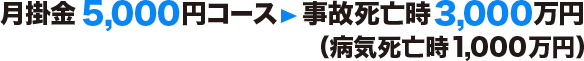 月掛金5,000円コース→事故死亡時3,000万円（病気死亡時1,000万円）
