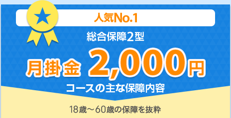 人気No.1「総合保障2型」　月掛金 2,000円コースの主な保障内容 18歳～60歳の保障を抜粋