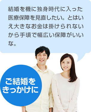 【ご結婚をきっかけに】 結婚を機に独身時代に入った医療タイプの保険を見直したい。とはいえ大きなお金は掛けられないから手頃で幅広い保障がいいな。