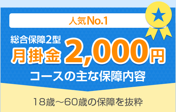 人気No.1「総合保障2型」　月掛金 2,000円コースの主な保障内容 18歳～60歳の保障を抜粋