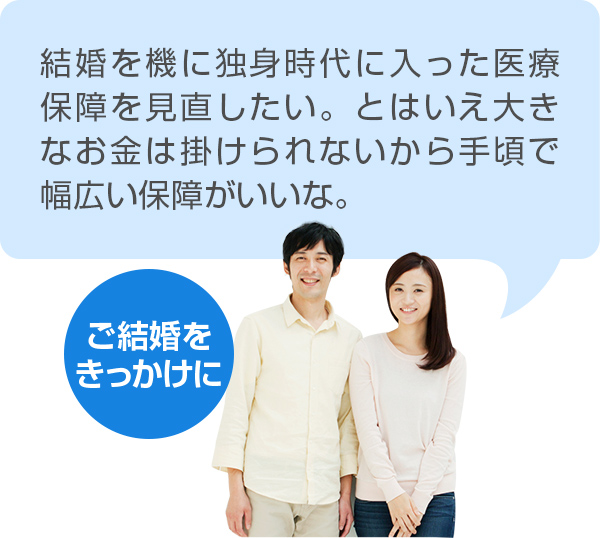 【ご結婚をきっかけに】 結婚を機に独身時代に入った医療タイプの保険を見直したい。とはいえ大きなお金は掛けられないから手頃で幅広い保障がいいな。